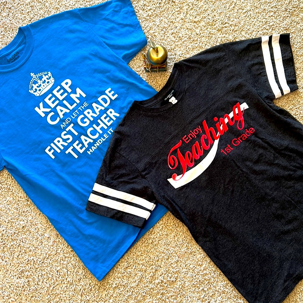Lot of 2🍎FIRST GRADE TEACHER Tees🍏 Dark Gray Coke Logo & Turquoise Keep Calm